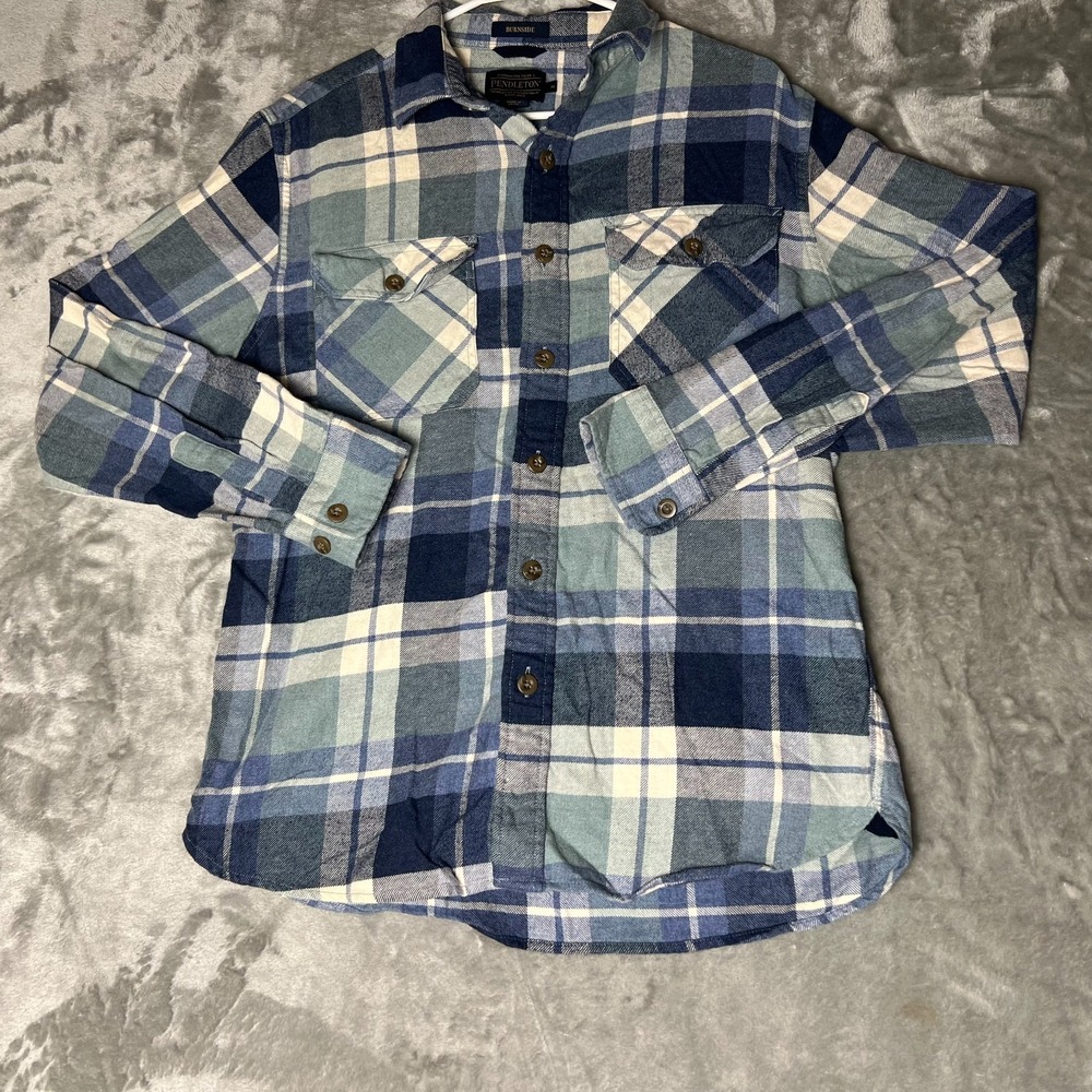 Pendleton Shirt Mens Medium Blue Plaid Burnside Flannel Detail Pockets Button Up